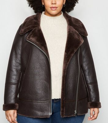 Curves Dark Brown Leather-Look Aviator Jacket | New Look