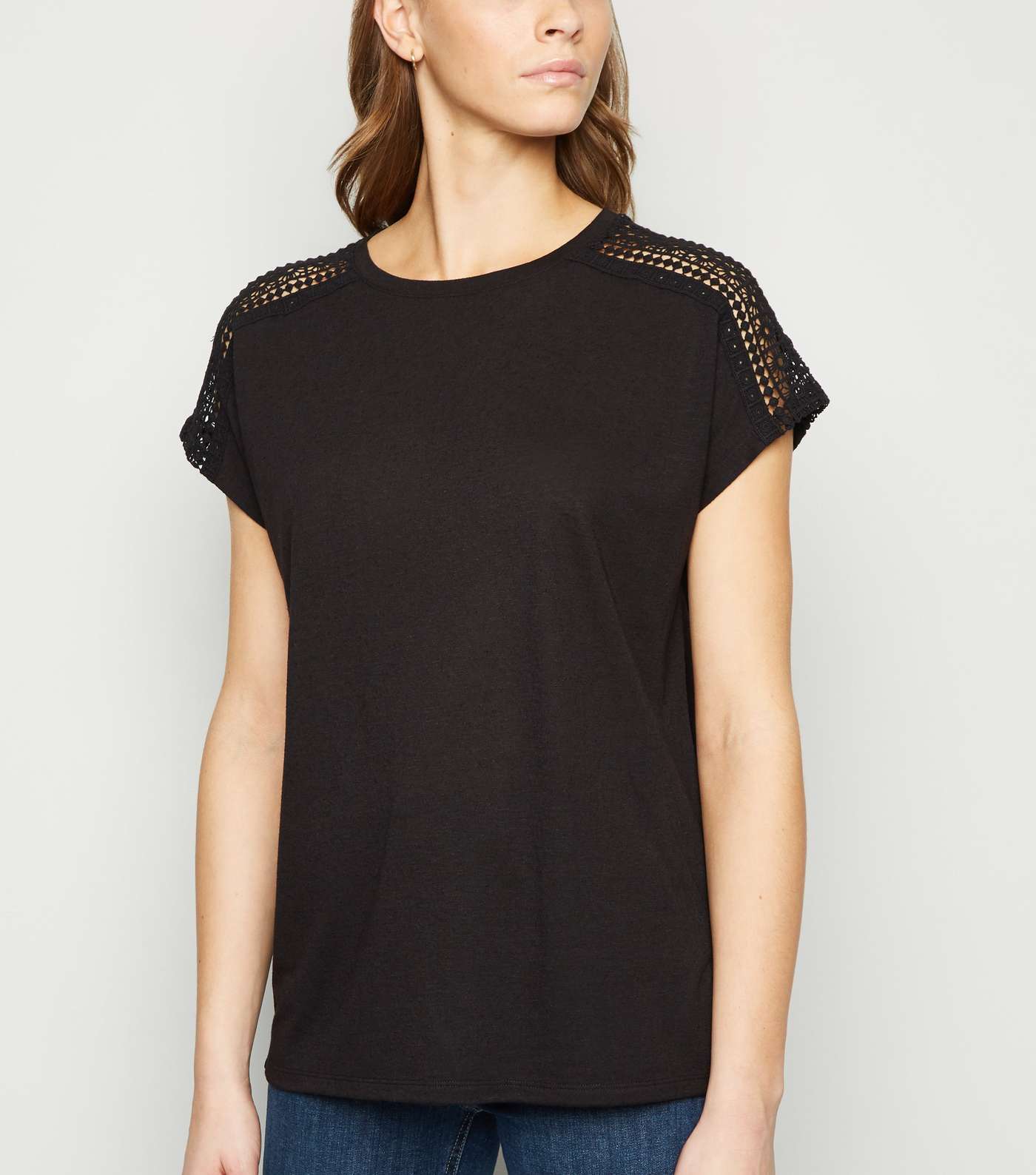 Black Crochet Shoulder Trim T-Shirt