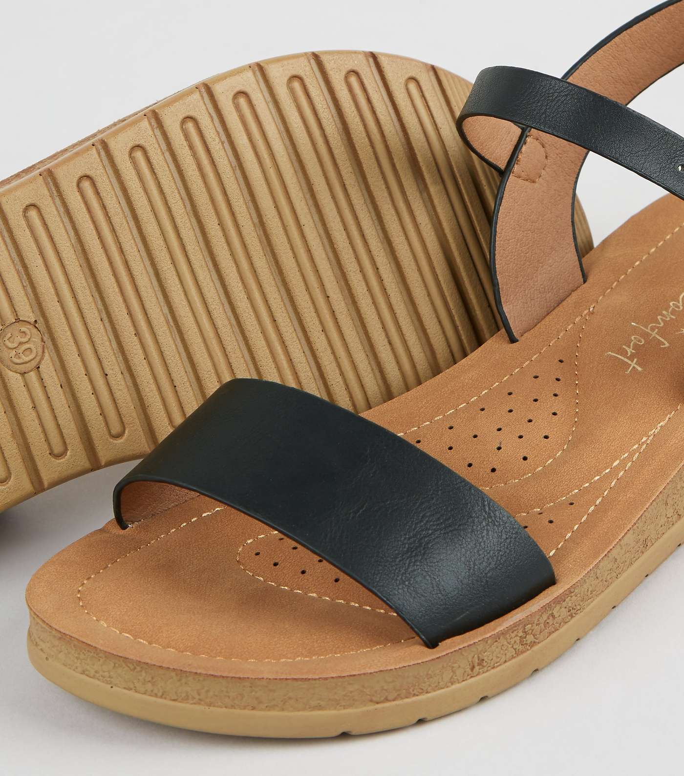 Wide Fit Black Leather-Look 2 Part Sandals Image 4