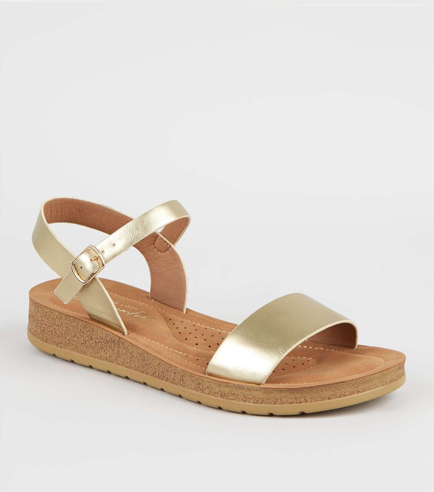Wide Fit Gold Leather-Look 2 Part Sandals