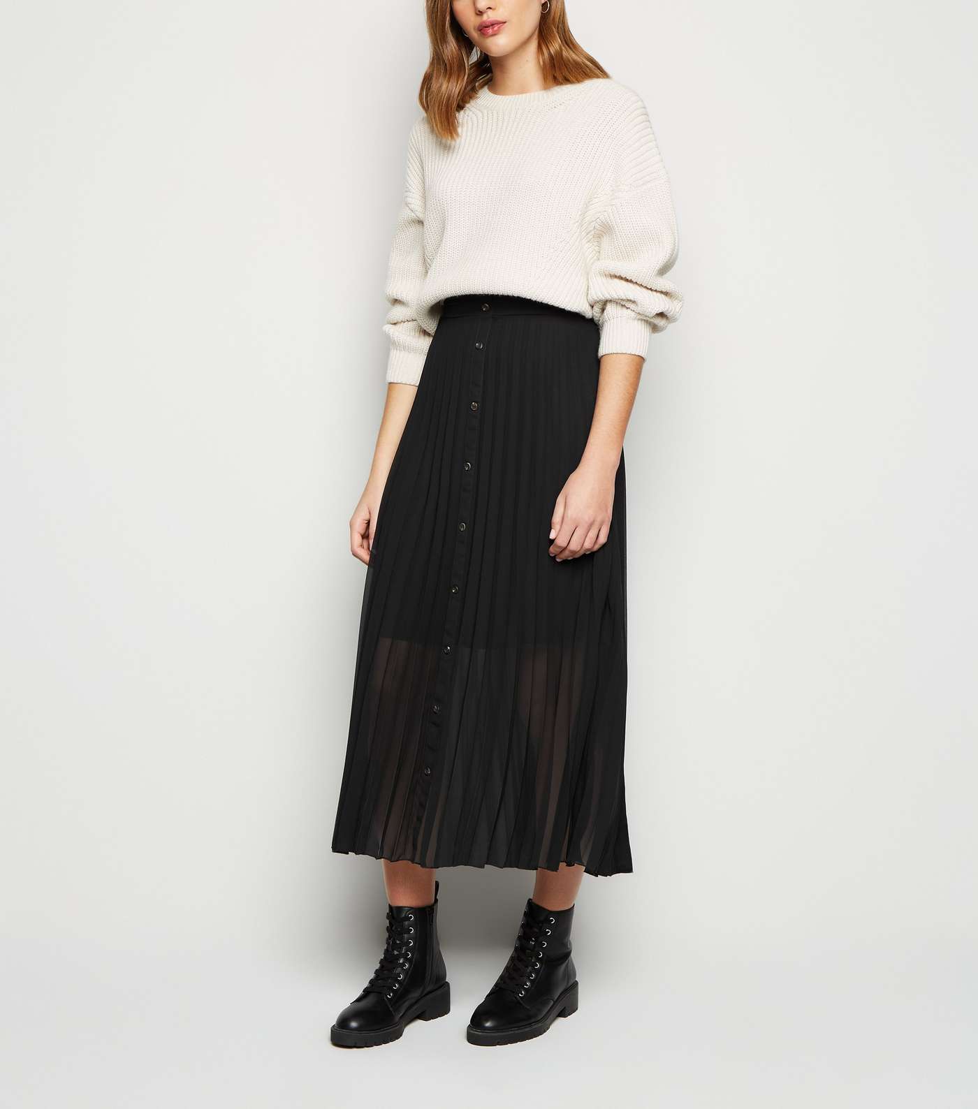 Black Button Up Pleated Midi Skirt