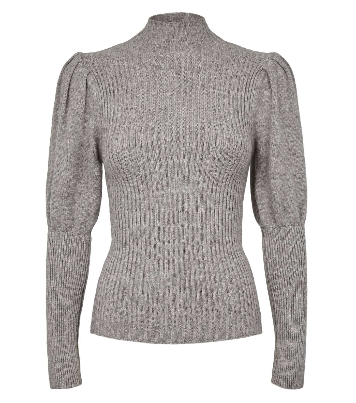 Cameo Rose Pale Grey Ribbed Puff Sleeve Jumper Image 4