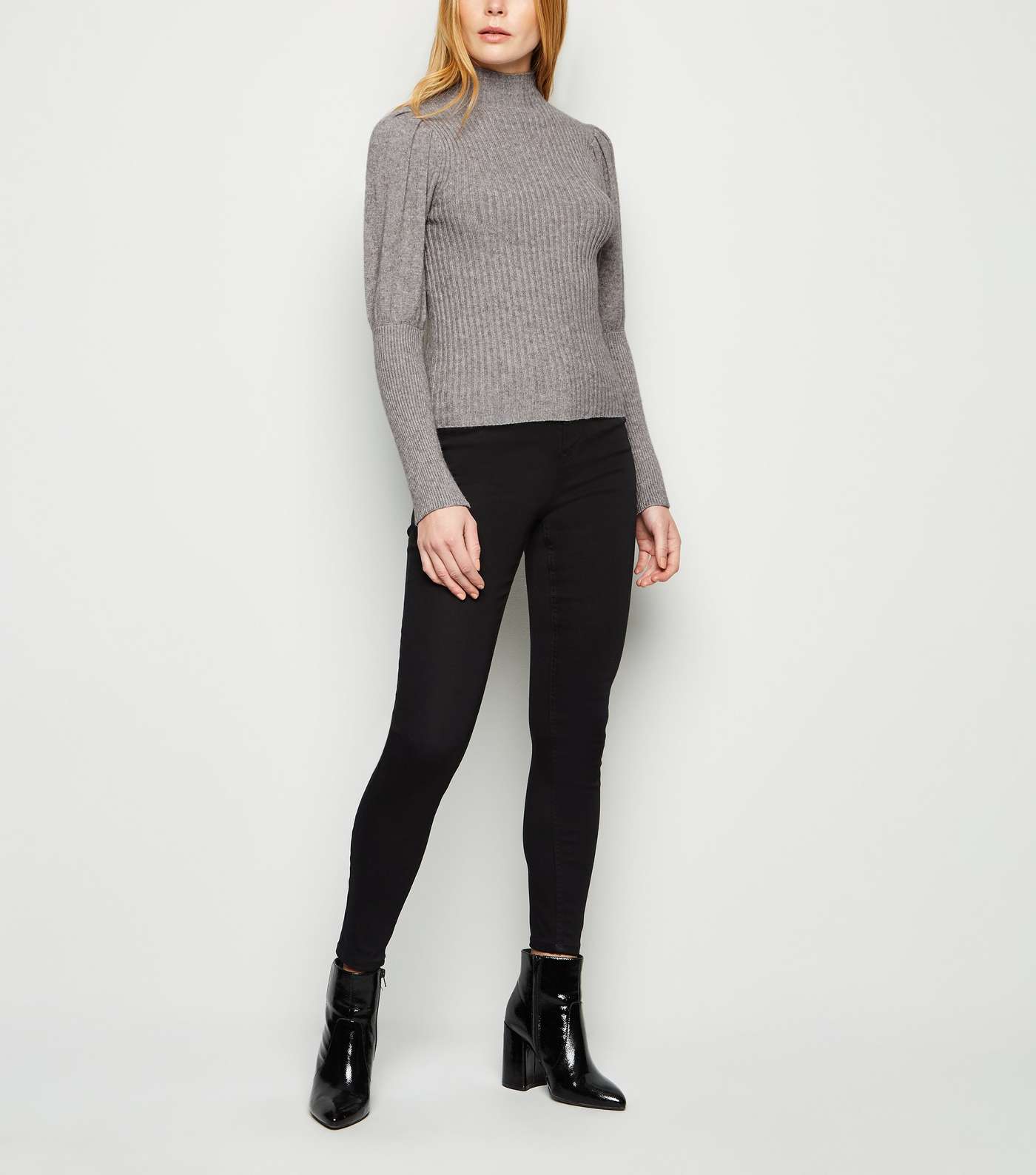 Cameo Rose Pale Grey Ribbed Puff Sleeve Jumper Image 2