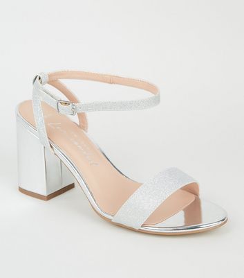 Silver Glitter Strap Mid Heel Sandals 