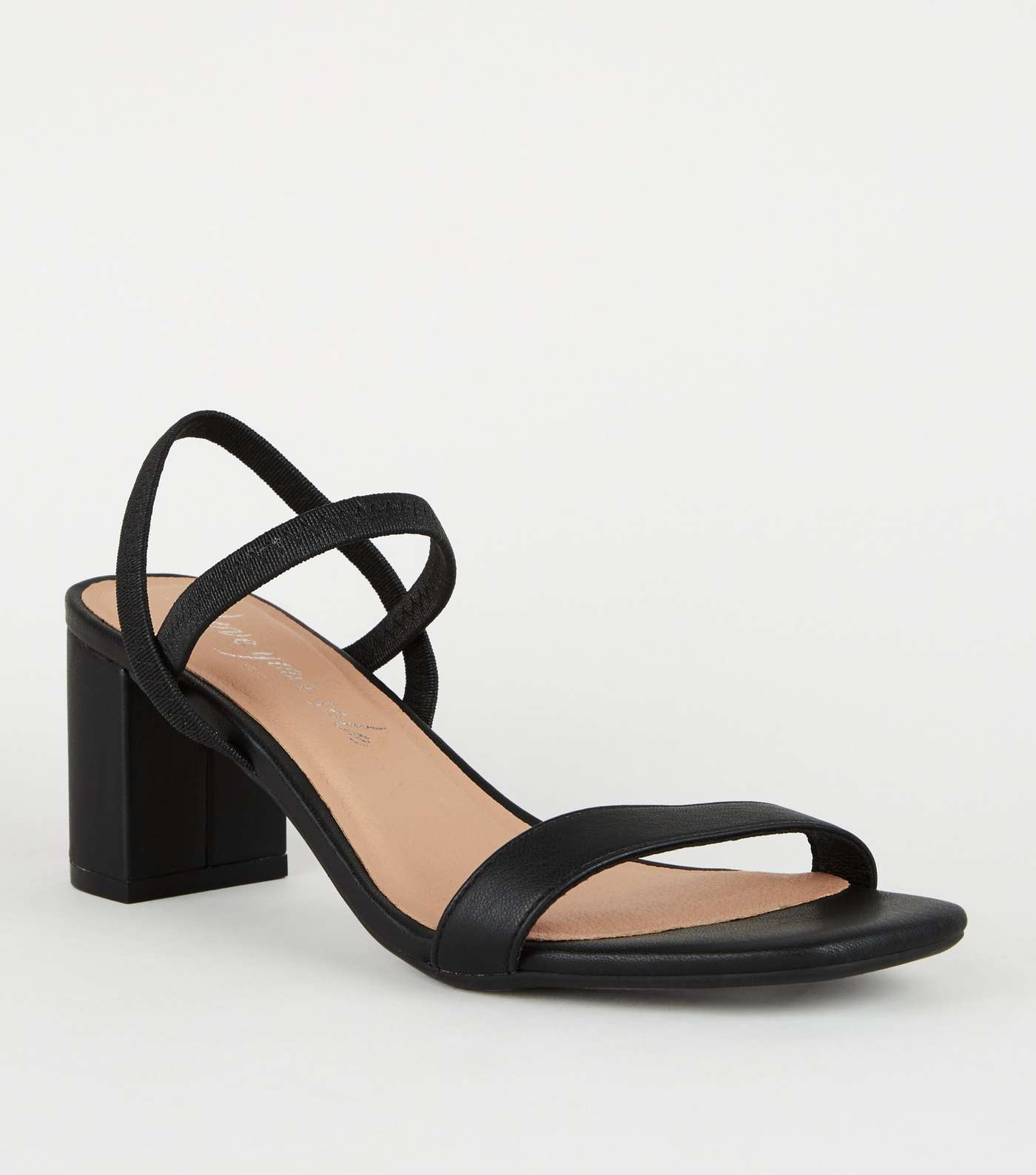 Black Leather-Look Elastic Strap Heeled Sandals