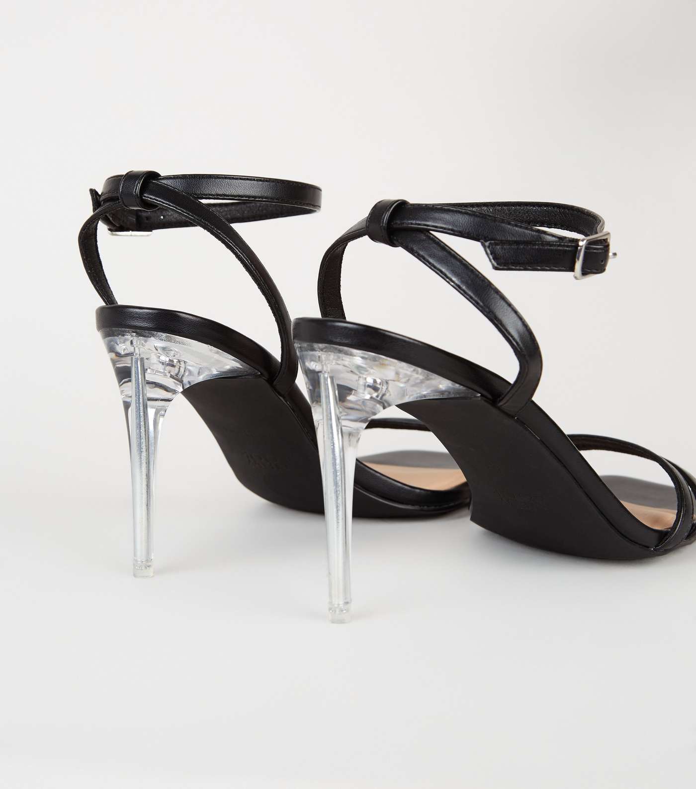 Black Leather-Look 2 Strap Clear Stiletto Heels Image 3