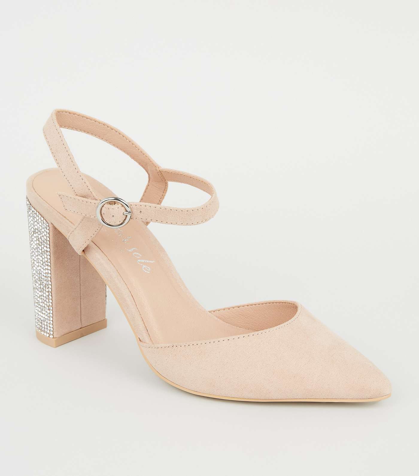 Pale Pink Suedette Gem Heel Pointed Court Shoes