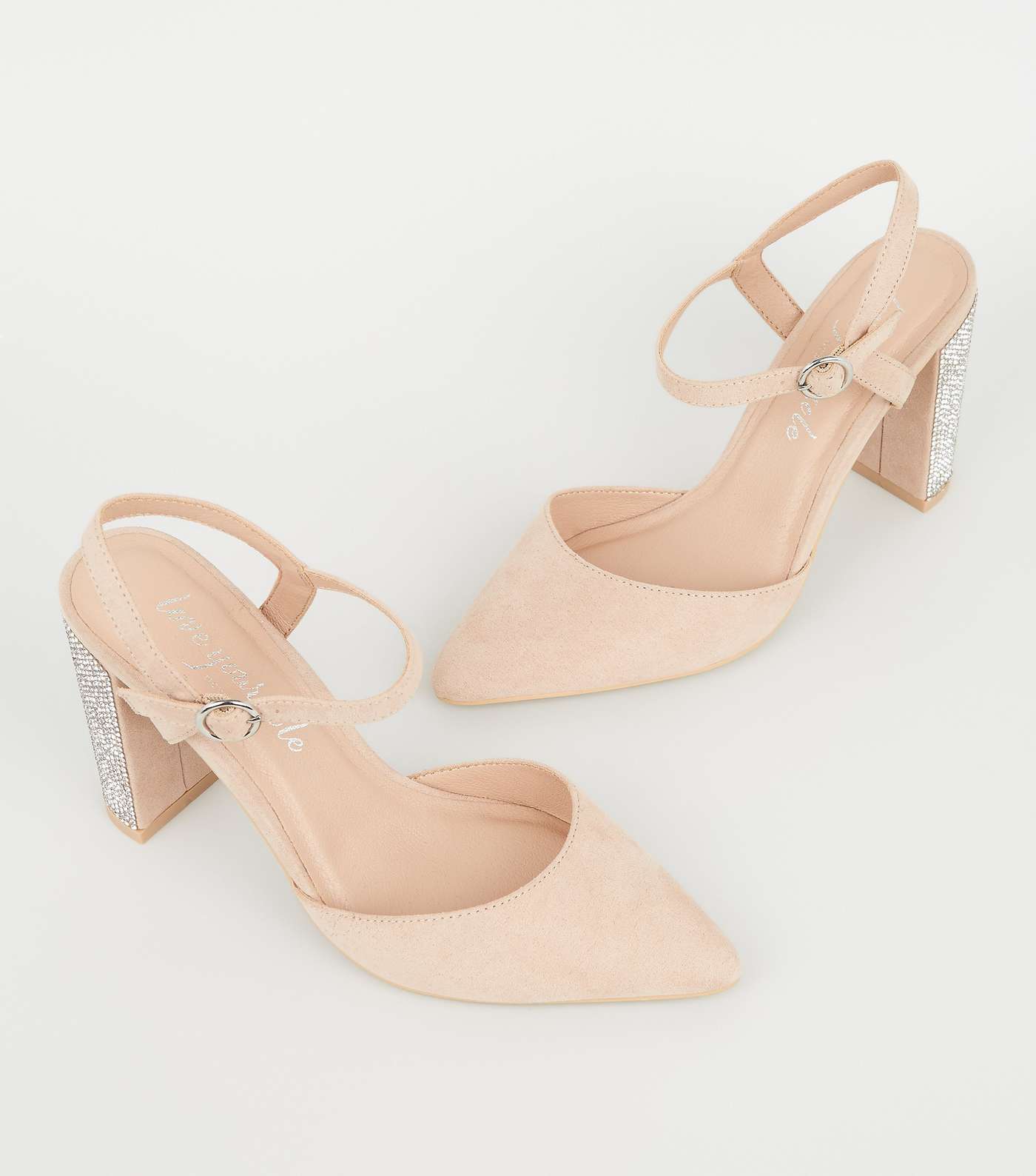 Pale Pink Suedette Gem Heel Pointed Court Shoes Image 3
