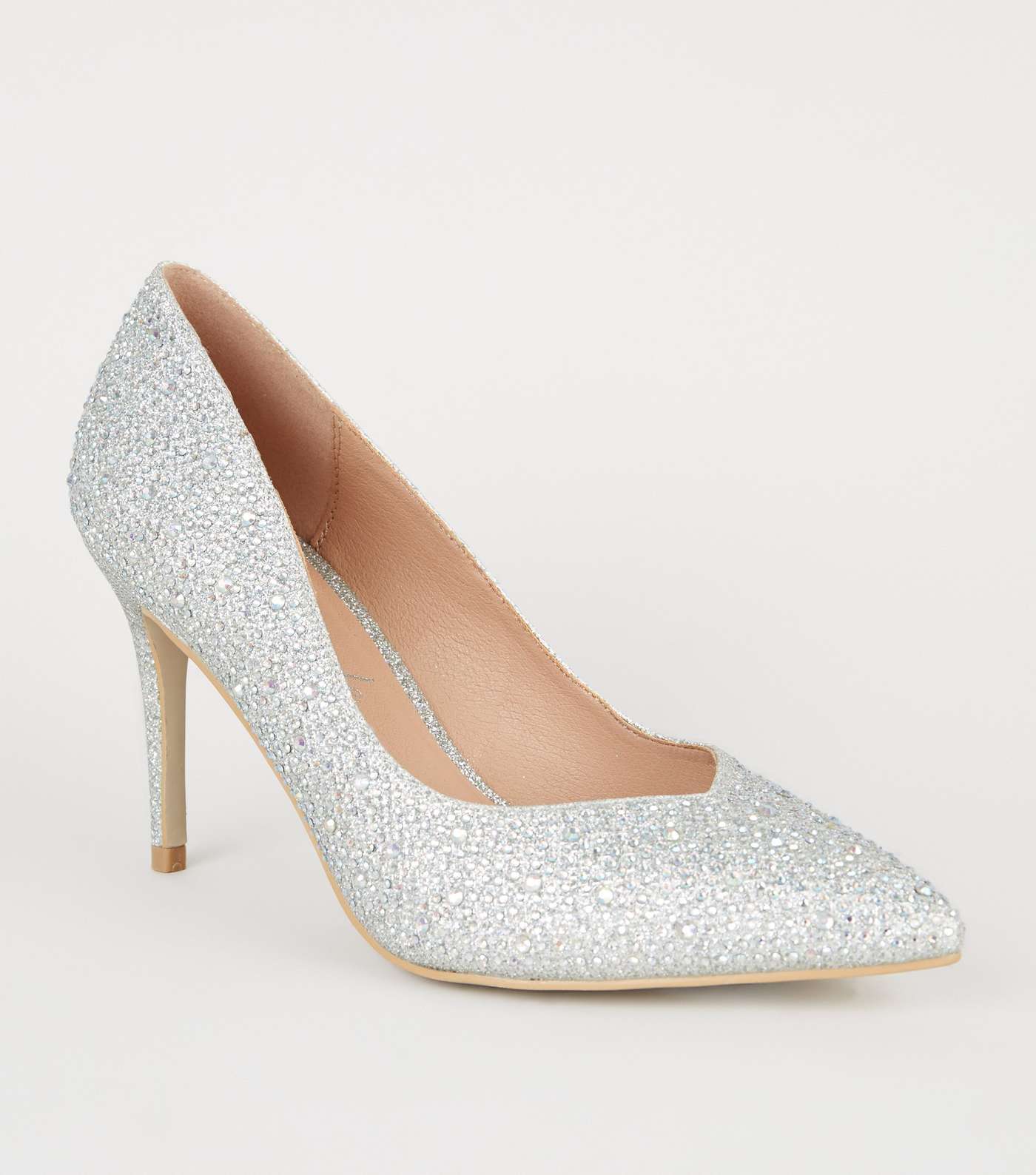 Silver Glitter Gem Pointed Court Shoes
