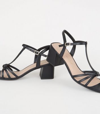 Image of Black Leather-Look Strappy Flared Block Heels New Look