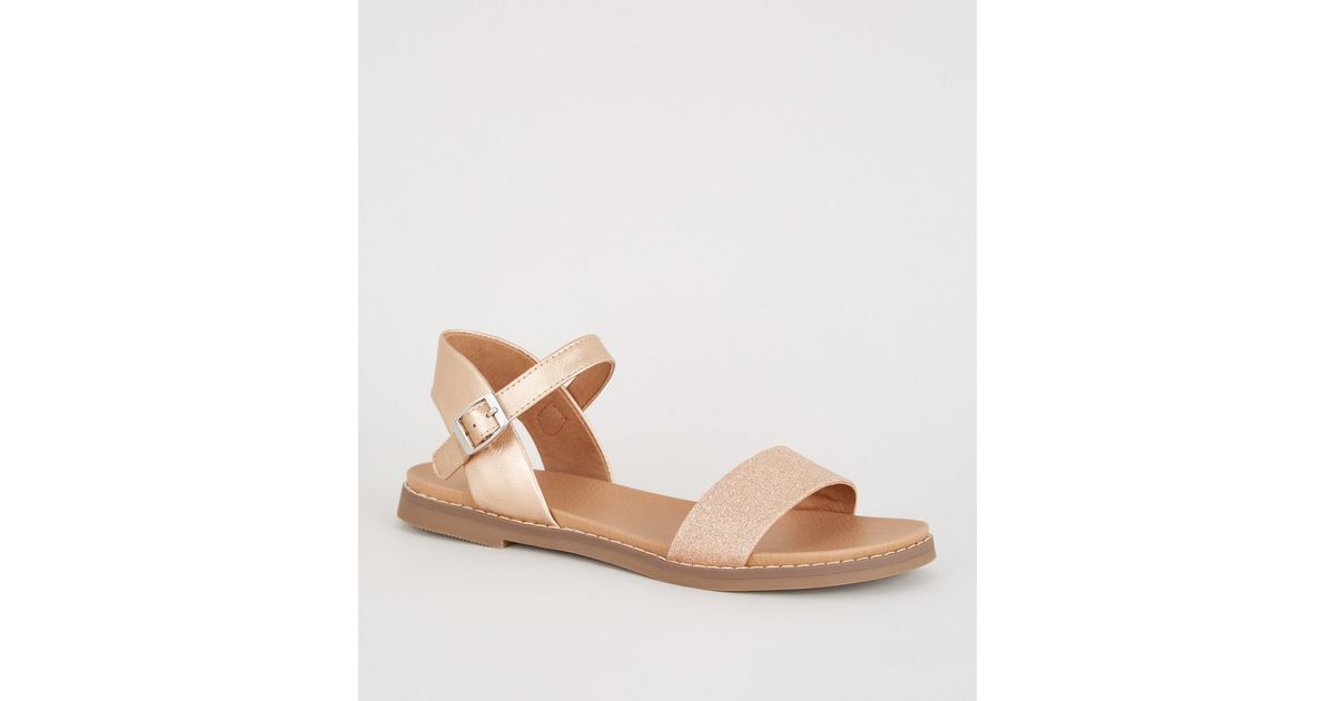 Girls Rose Gold Glitter Footbed Sandals | New Look