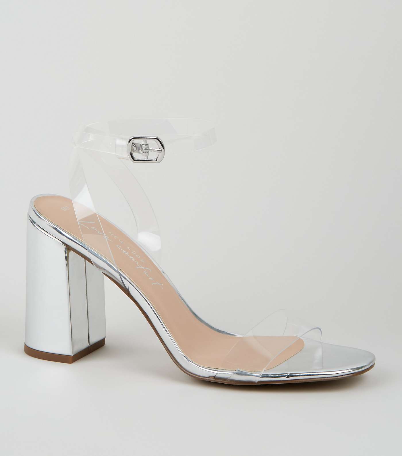 Silver Patent Clear Strap Block Heels