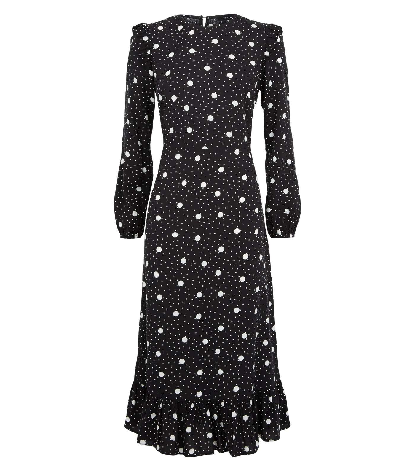 Black Spot Frill Peplum Hem Midi Dress Image 4