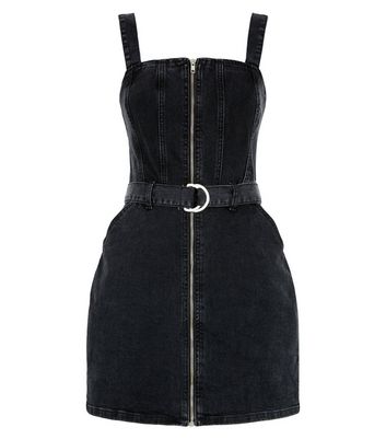 Image of Black Denim Zip Up Mini Dress New Look