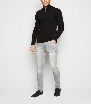 Image of Pale Grey Ripped Spray On Skinny Jeans New Look