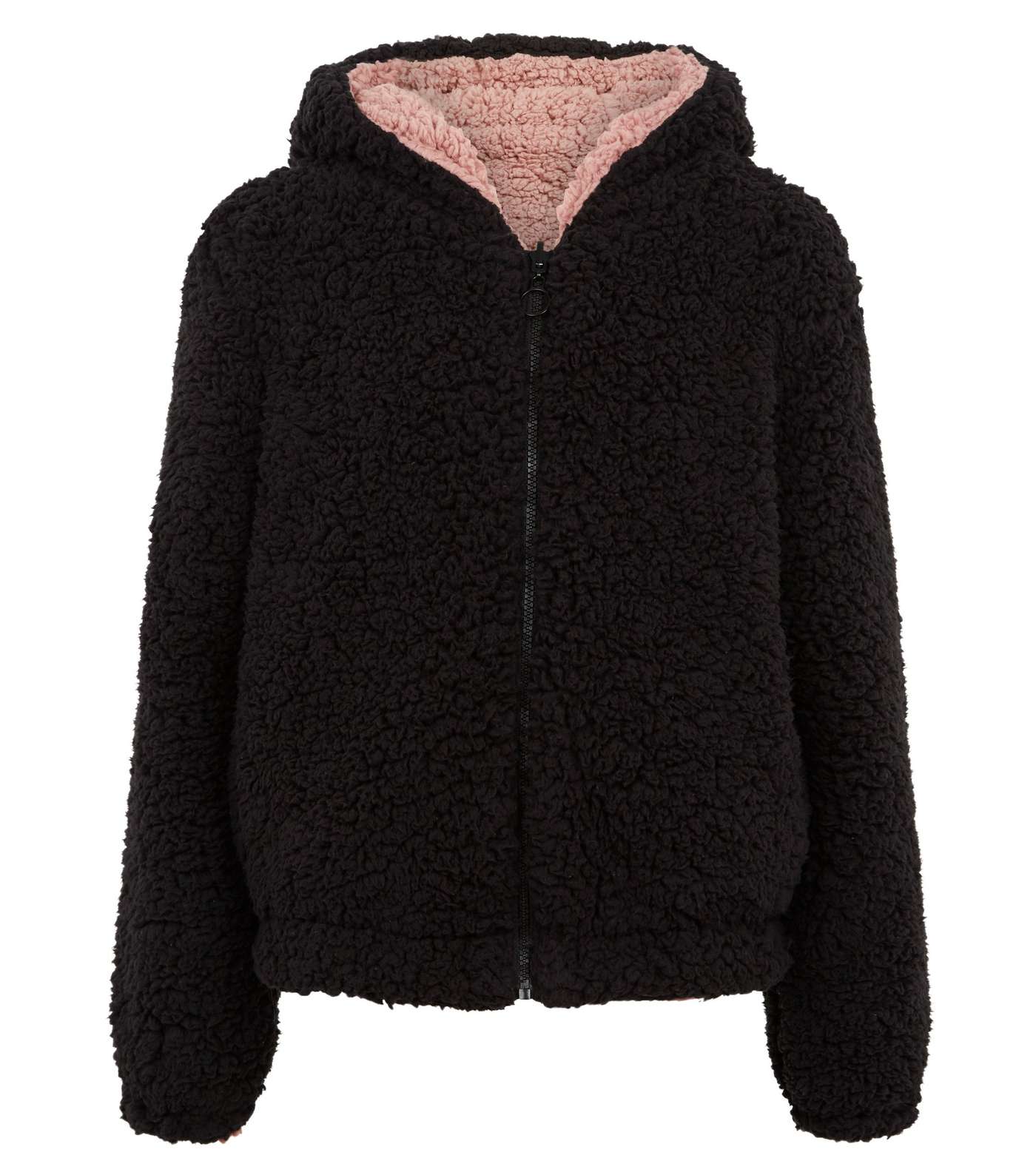 Girls Black Reversible Fleece Hooded Jacket Image 5