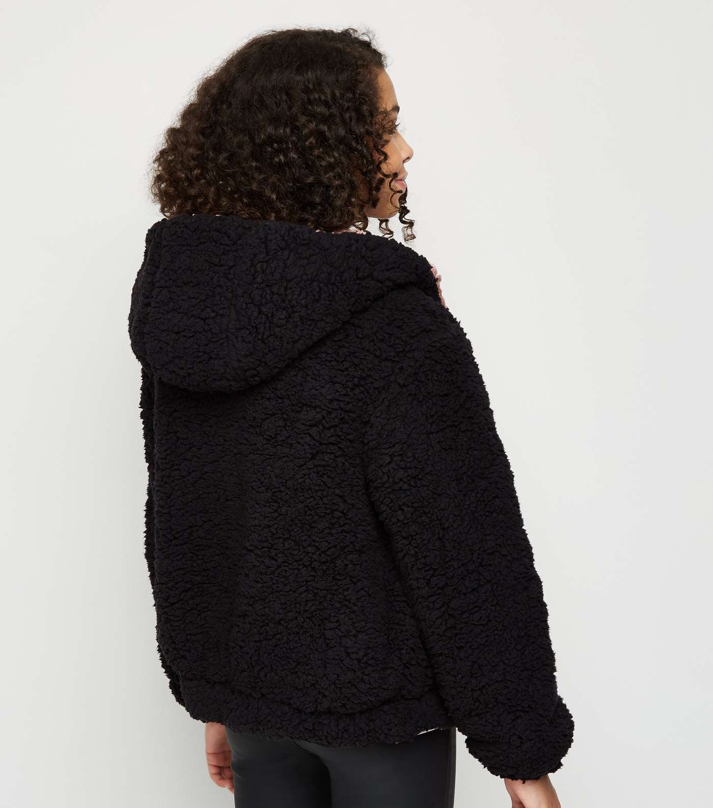 Girls Black Reversible Fleece Hooded Jacket Image 3