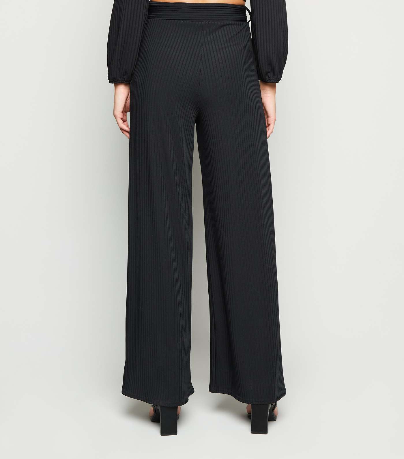 Black Ribbed Belted Wide Leg Trousers Image 3