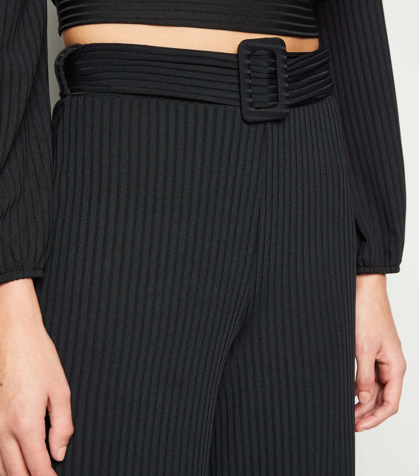 Black Ribbed Belted Wide Leg Trousers Image 5