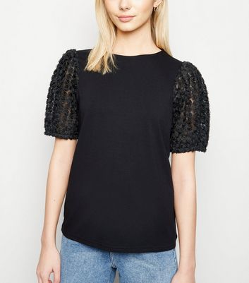 Black 3D Floral Sleeve T-Shirt | New Look