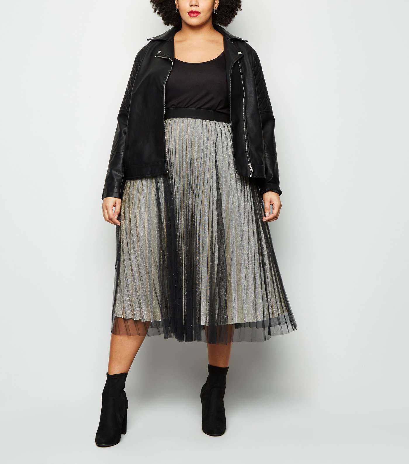 Curves Black Glitter Mesh Pleated Skirt