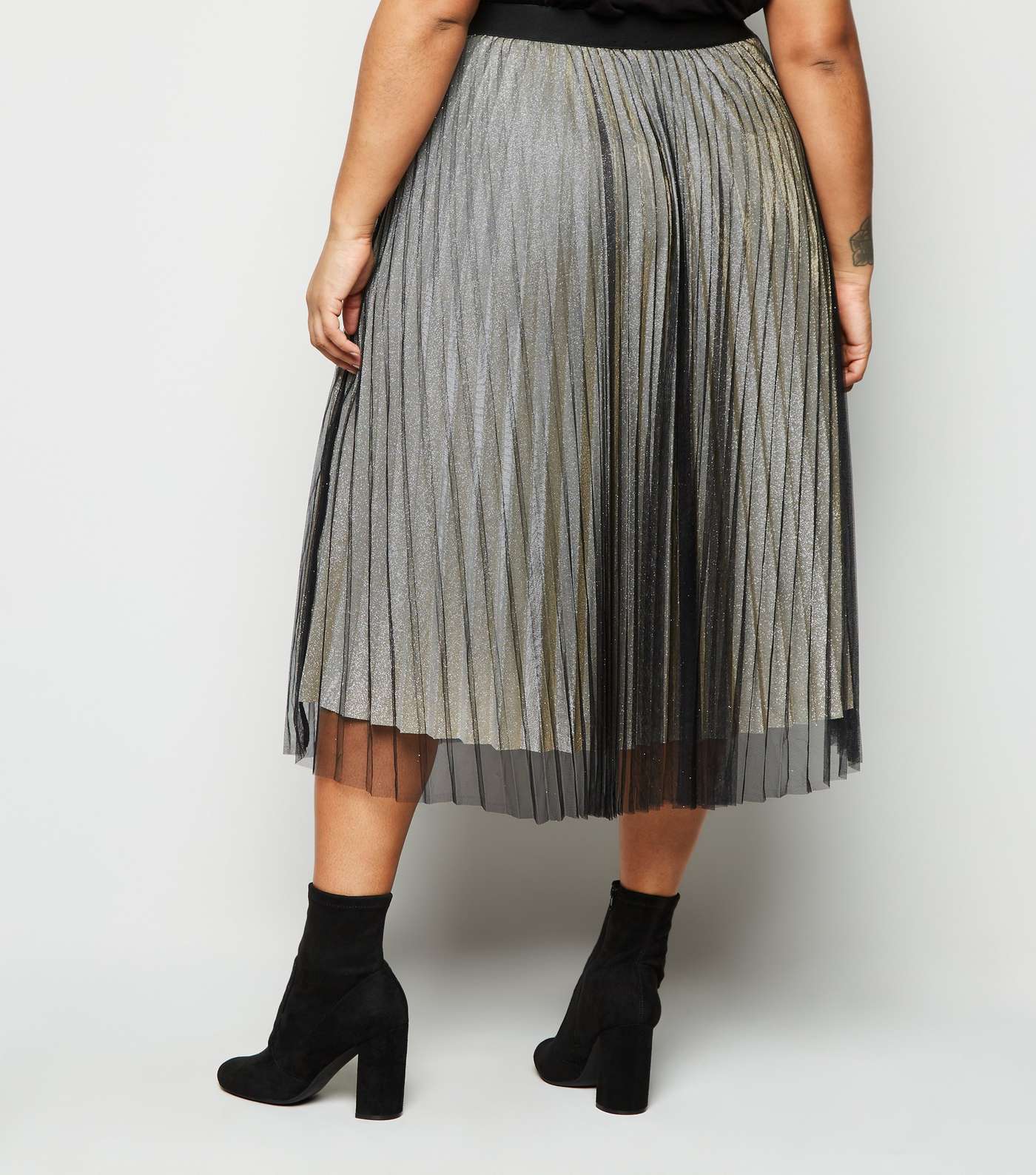Curves Black Glitter Mesh Pleated Skirt Image 3