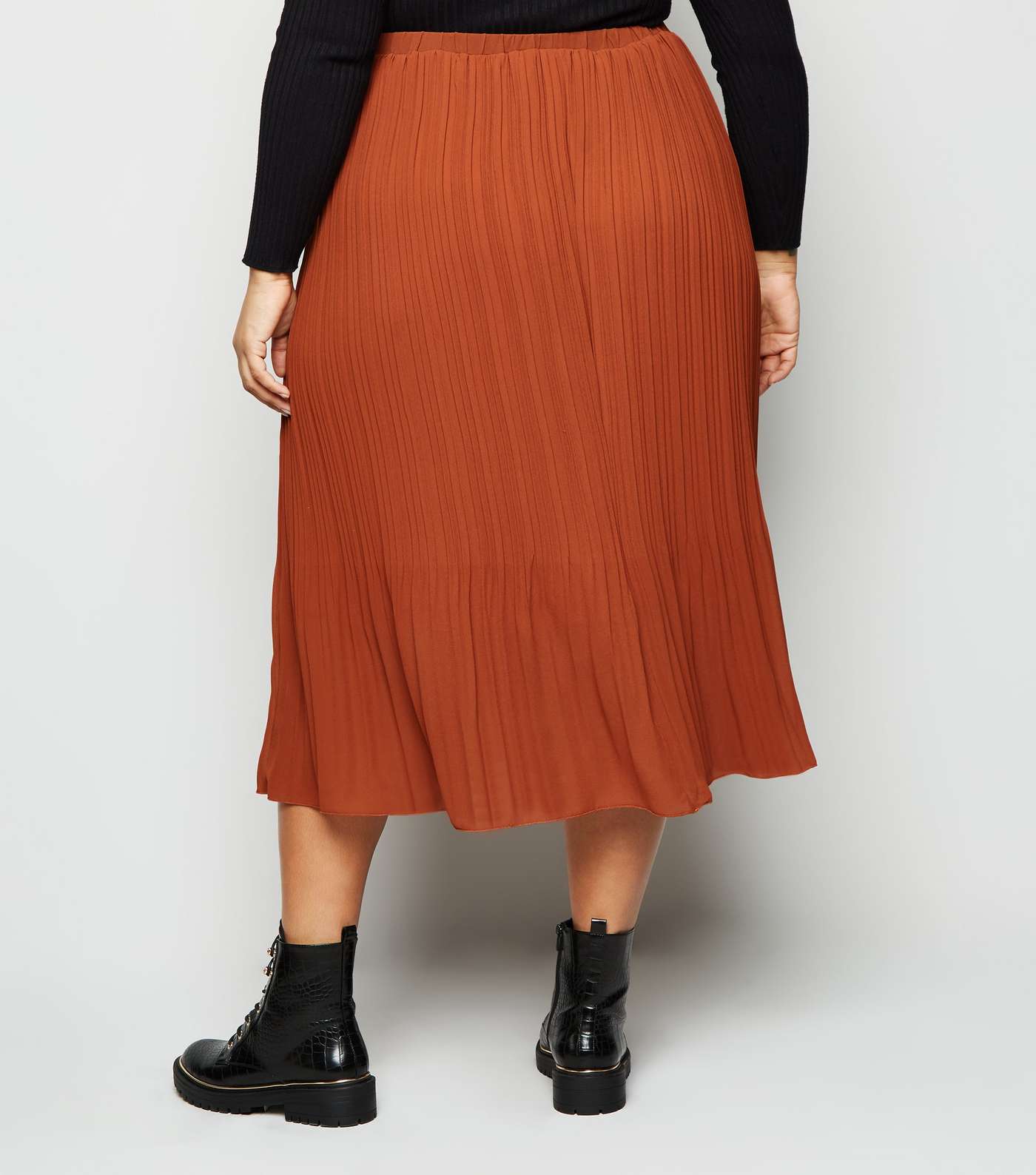 Curves Rust Chiffon Pleated Midi Skirt Image 3