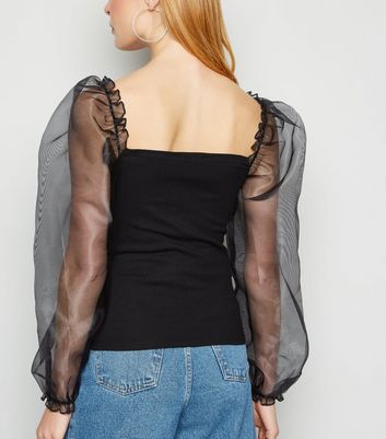 Black Long Organza Sleeve Top | New Look