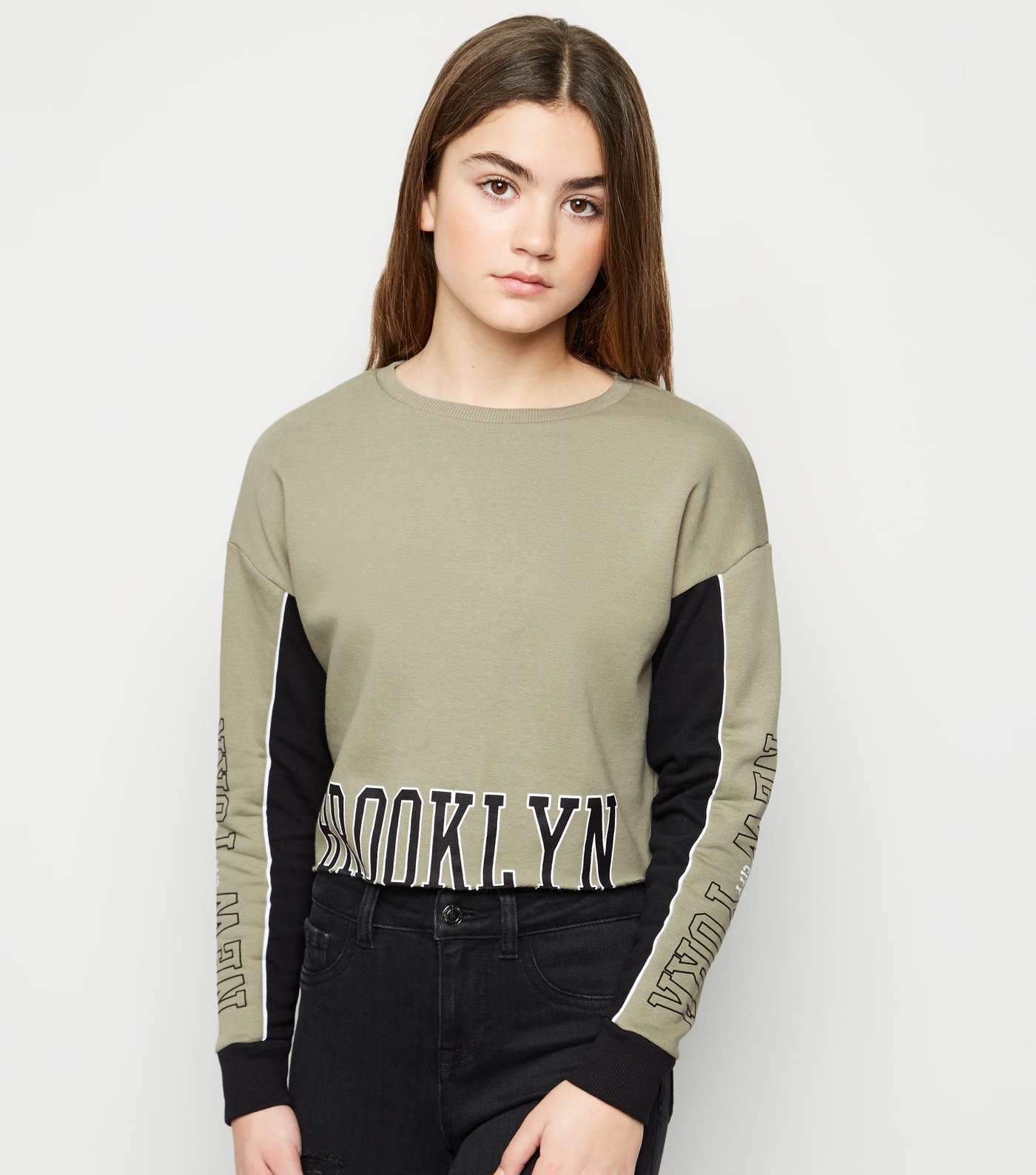 Girls Khaki Brooklyn Slogan Crop Sweatshirt
