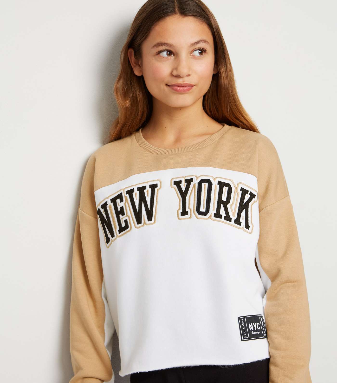Girls Camel Colour Block New York Slogan Sweatshirt Image 5