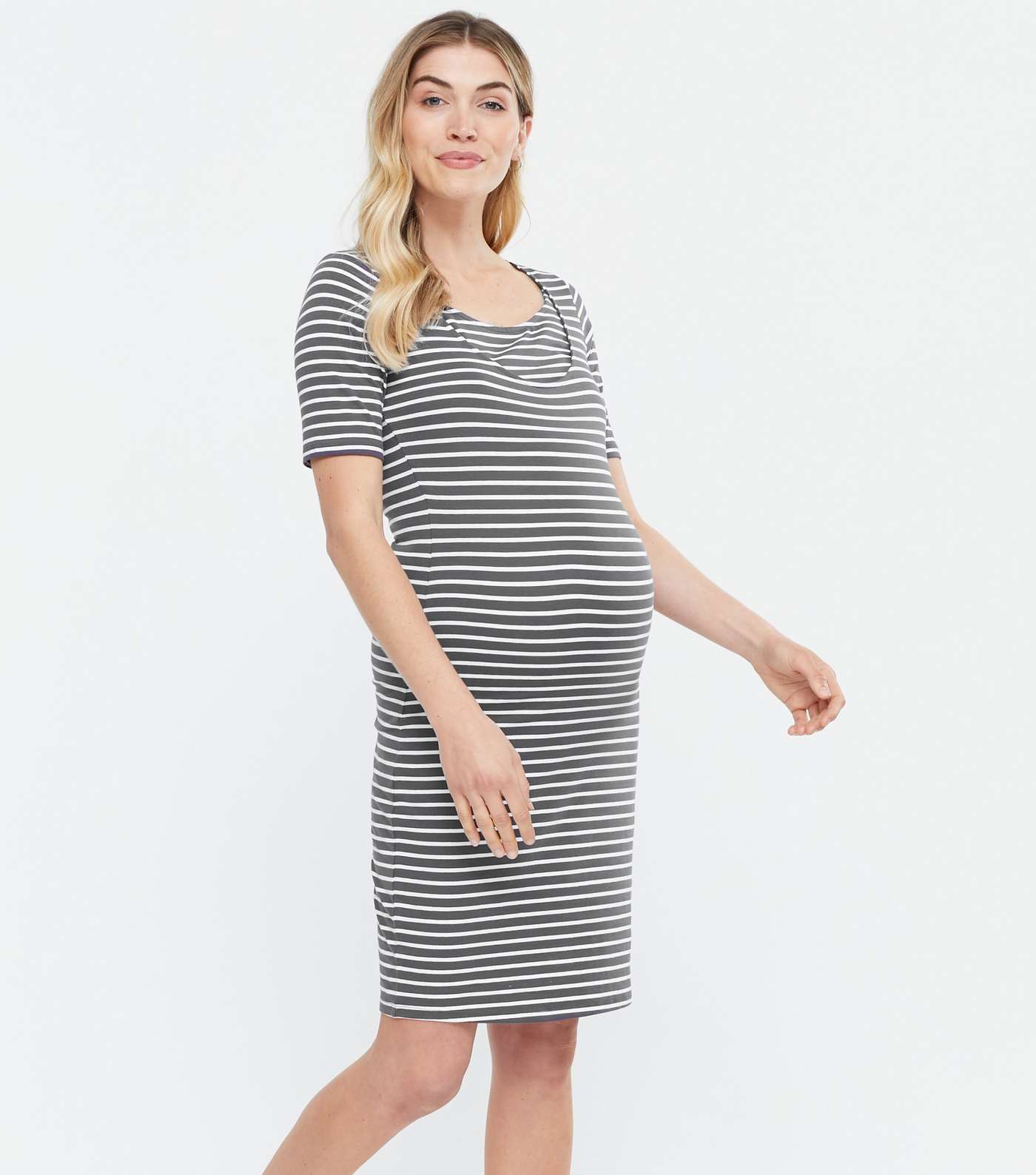 Maternity Light Grey Stripe Nursing Dress