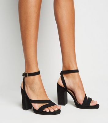 Image of Black Suedette Strappy Block Heels New Look Vegan