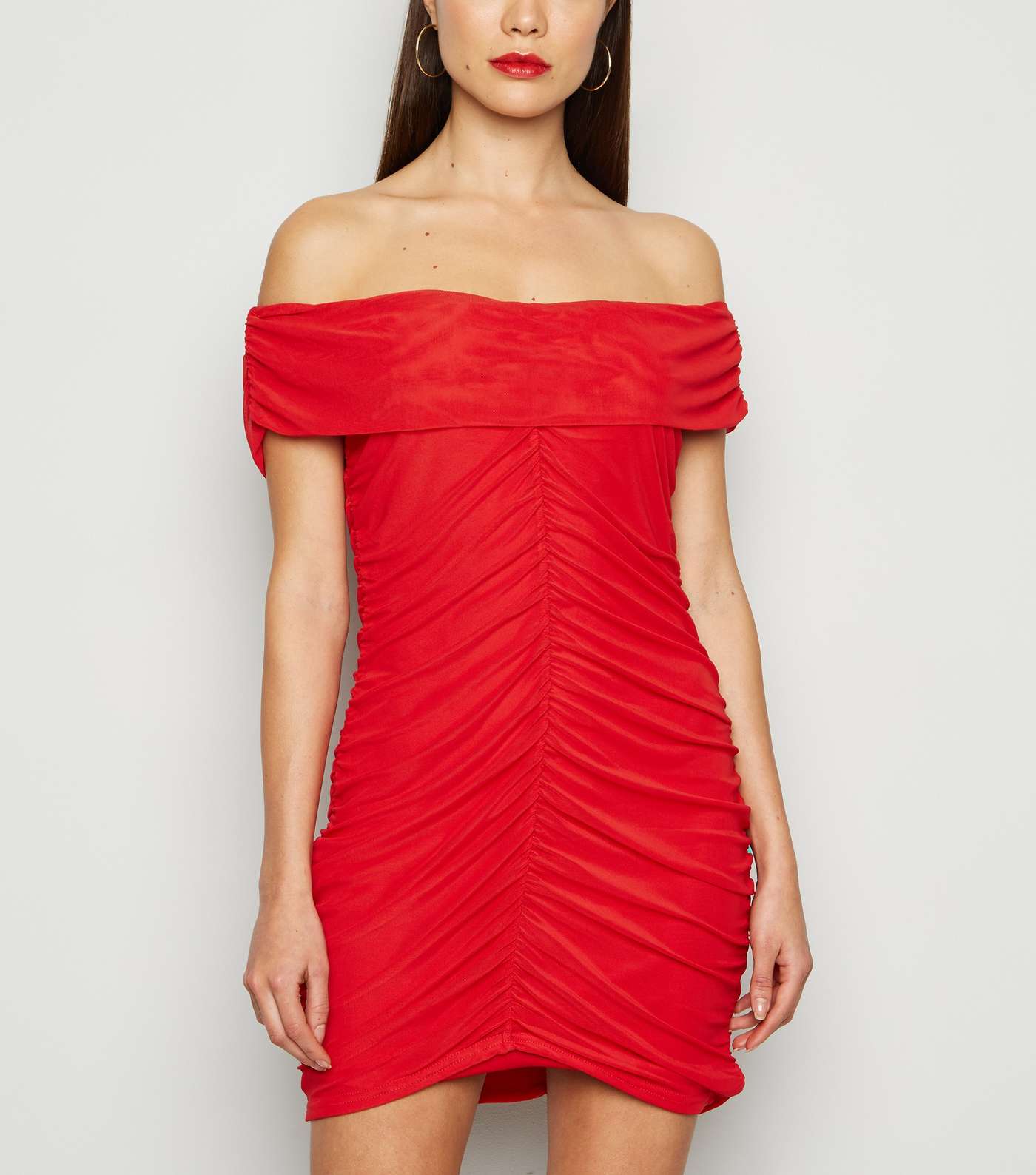 Missfiga Red Ruched Mesh Bardot Dress