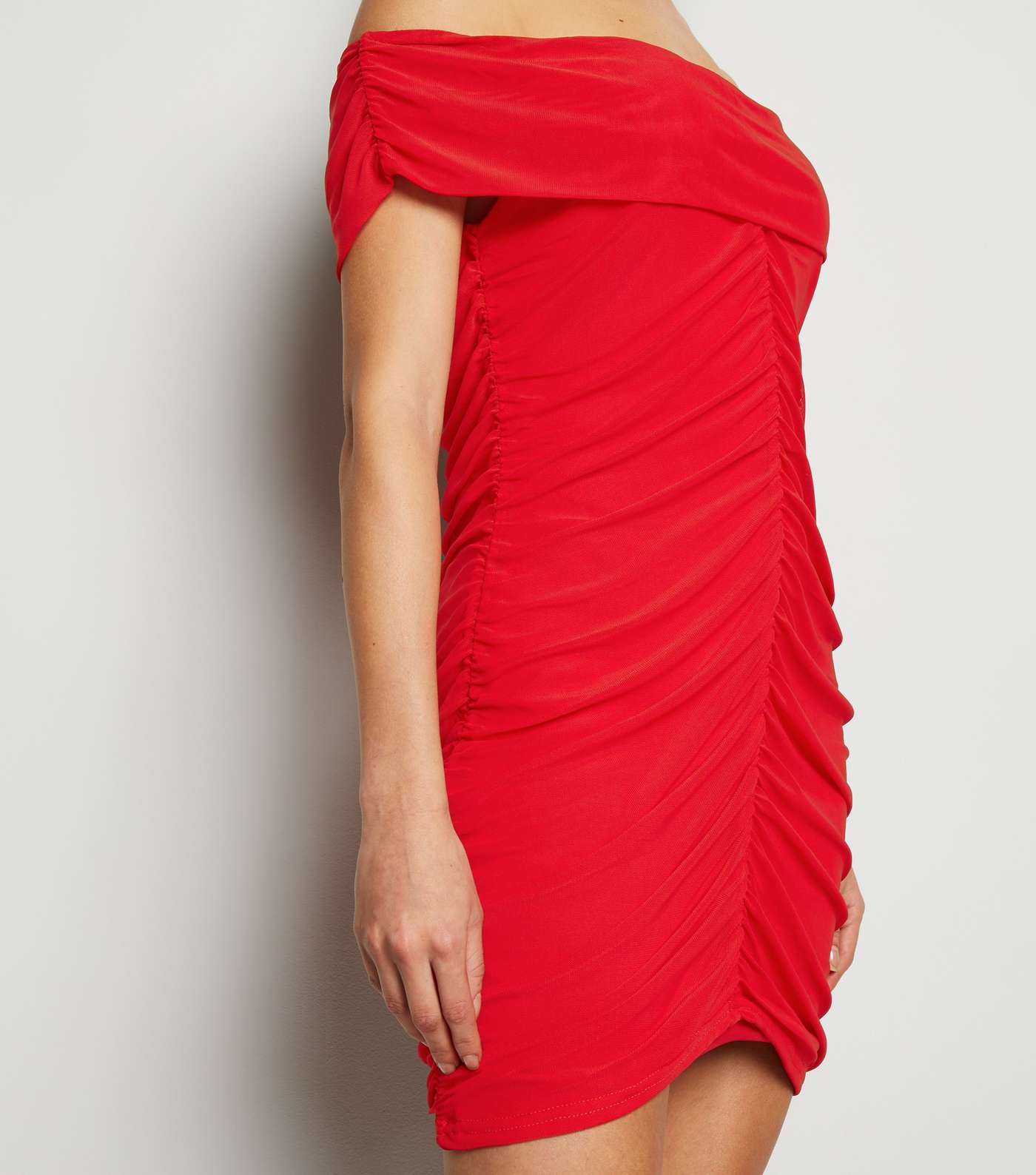 Missfiga Red Ruched Mesh Bardot Dress Image 5