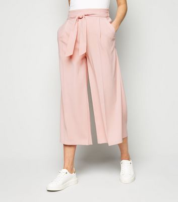 Pale Pink Tie High Waist Crop Trousers 