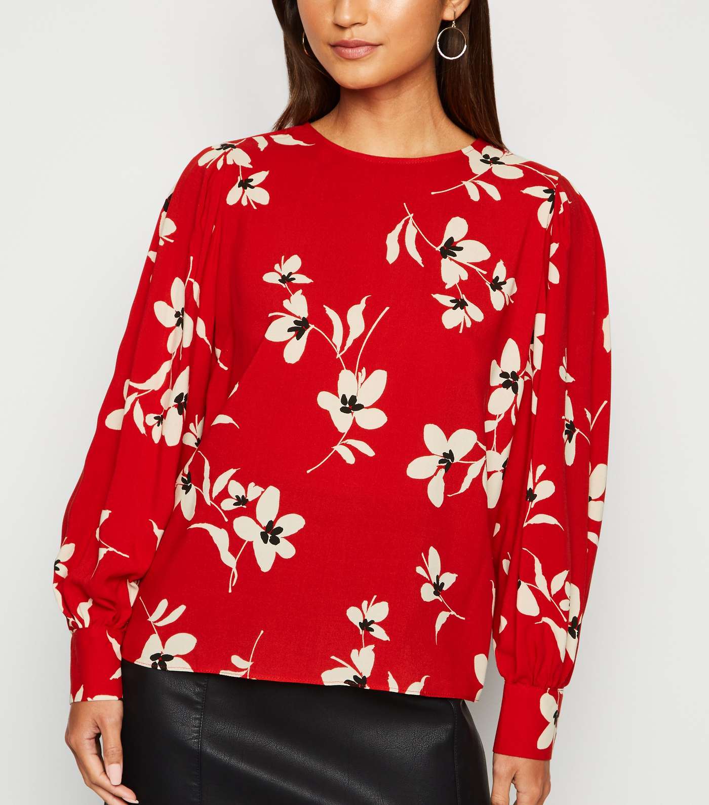 Petite Red Floral Puff Sleeve Blouse