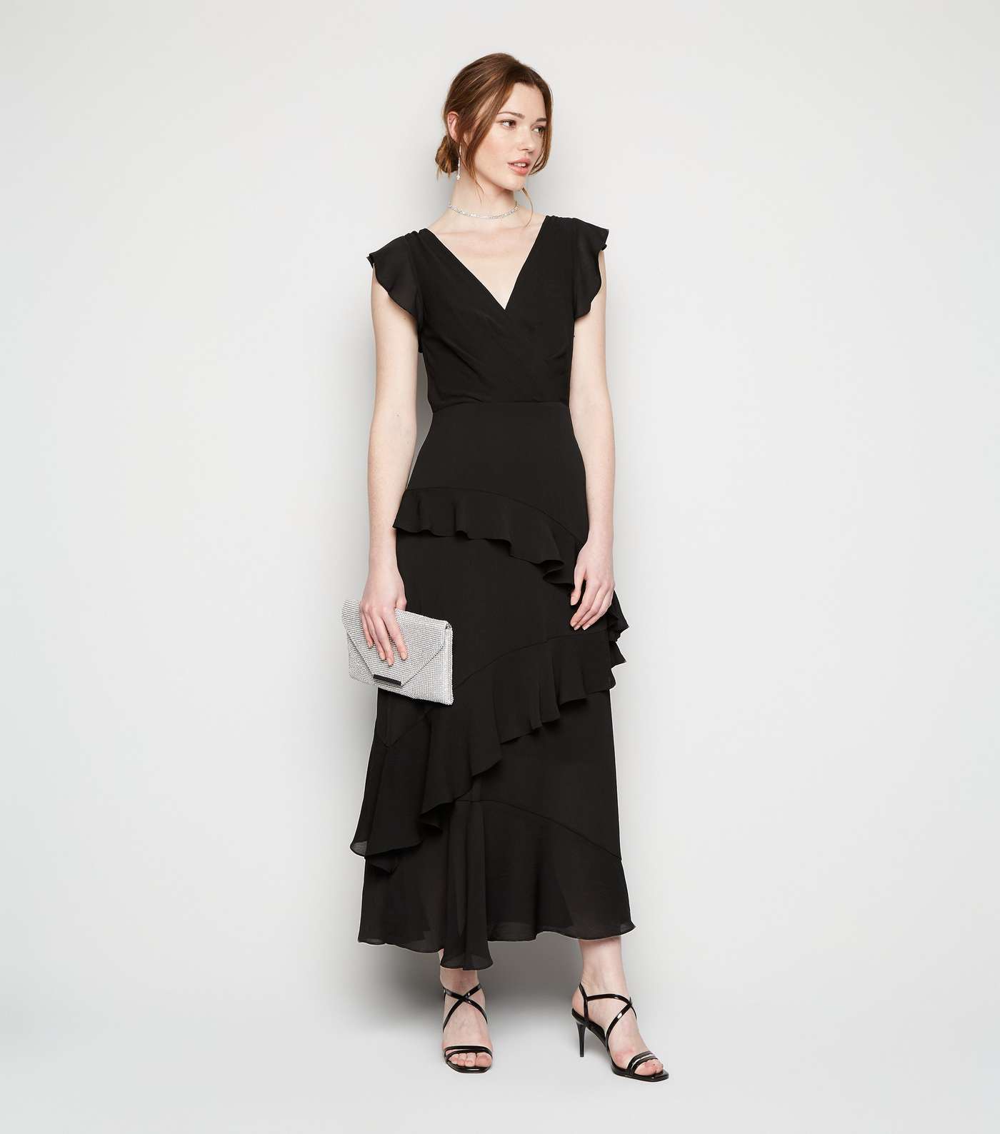 Tall Black Frill Chiffon Wrap Midi Dress