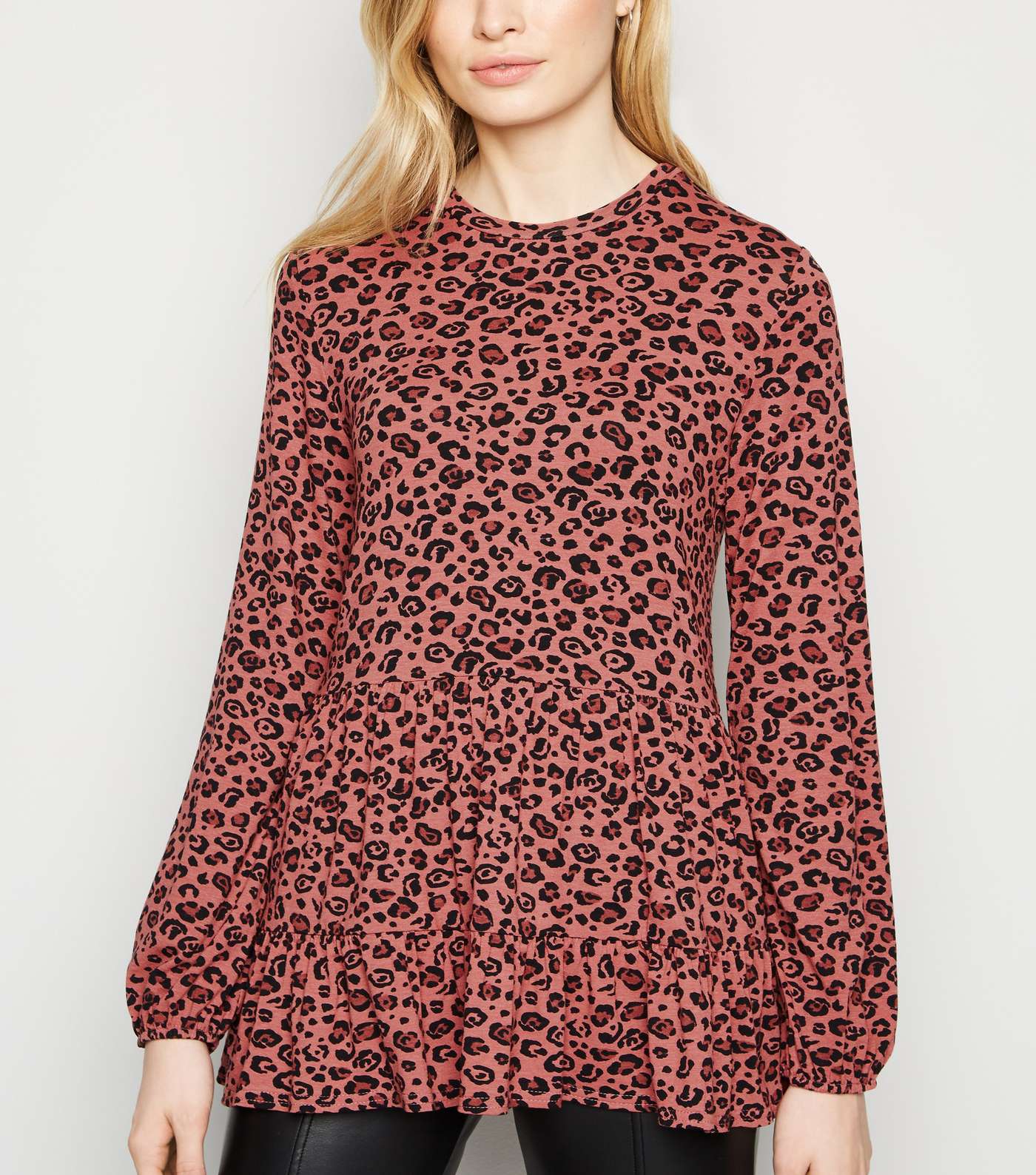 Pink Leopard Print Long Sleeve Peplum Top