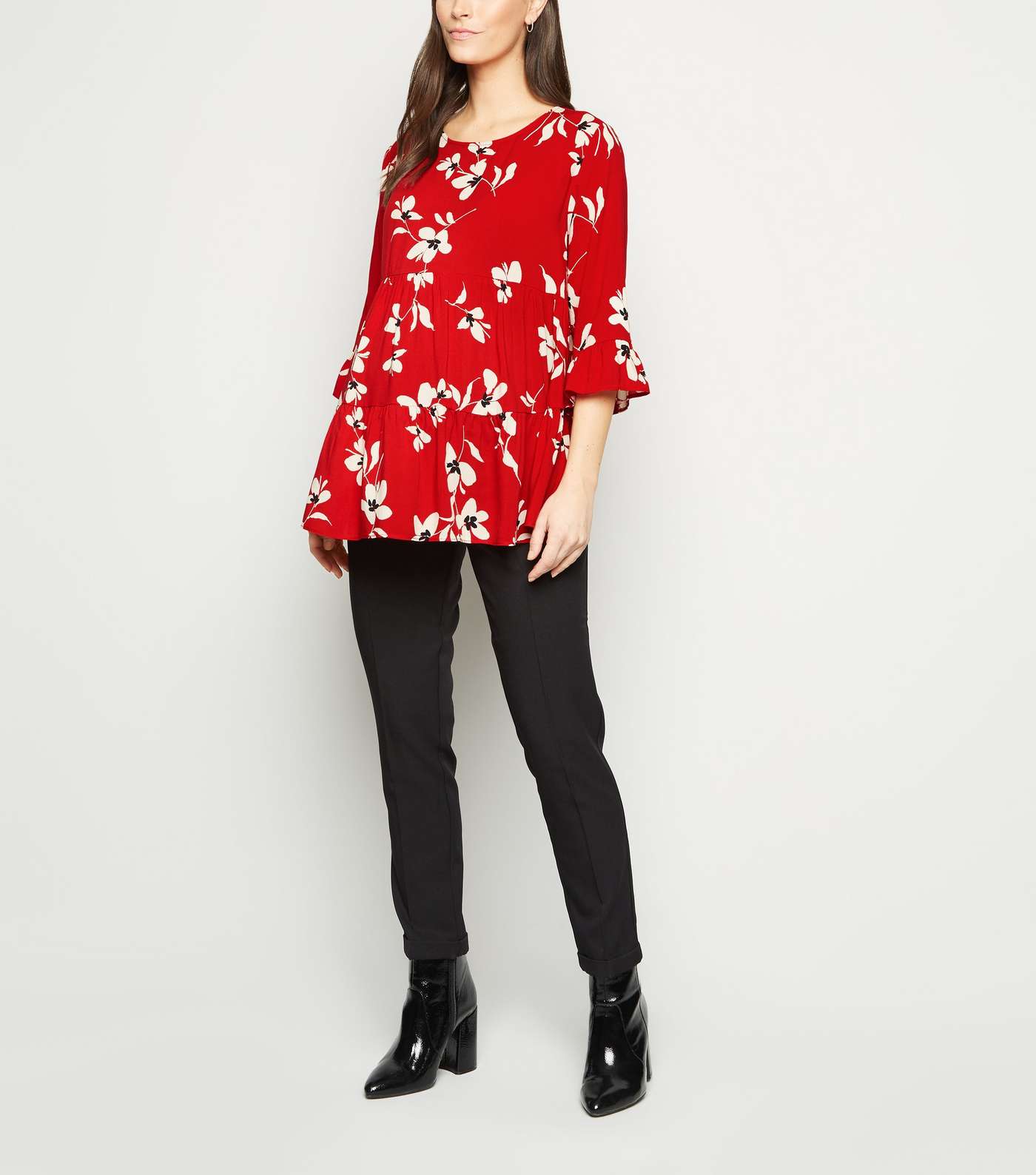 Maternity Red Floral Tiered Peplum Blouse Image 2