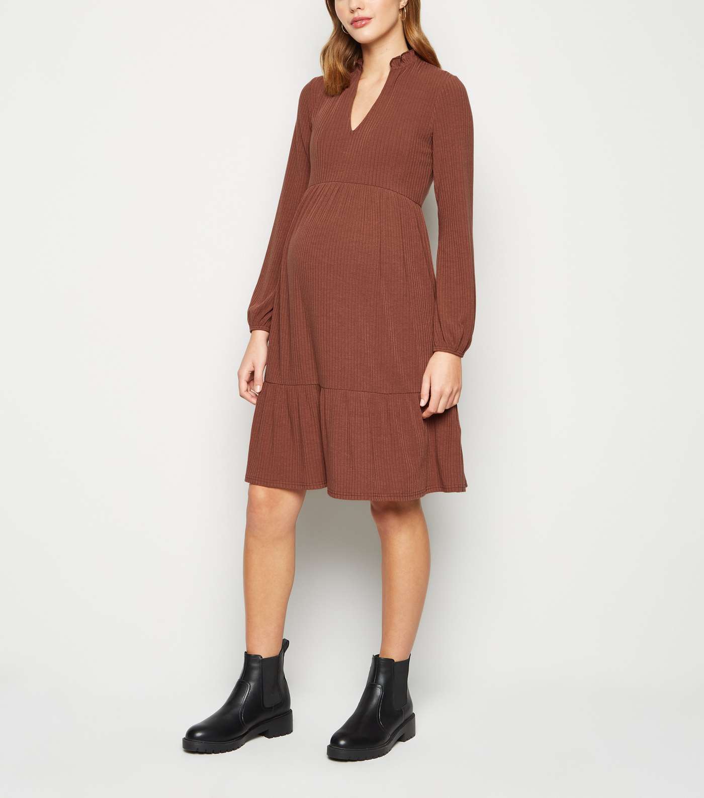 Maternity Rust Ribbed Tiered Smock Dress Image 2