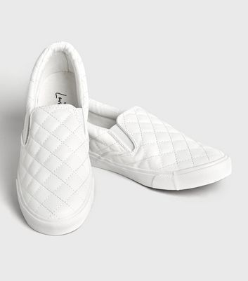 Image of White Leather-Look Quilted Slip On Trainers New Look Vegan