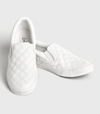 White Leather-Look Quilted Slip On Trainers | New Look