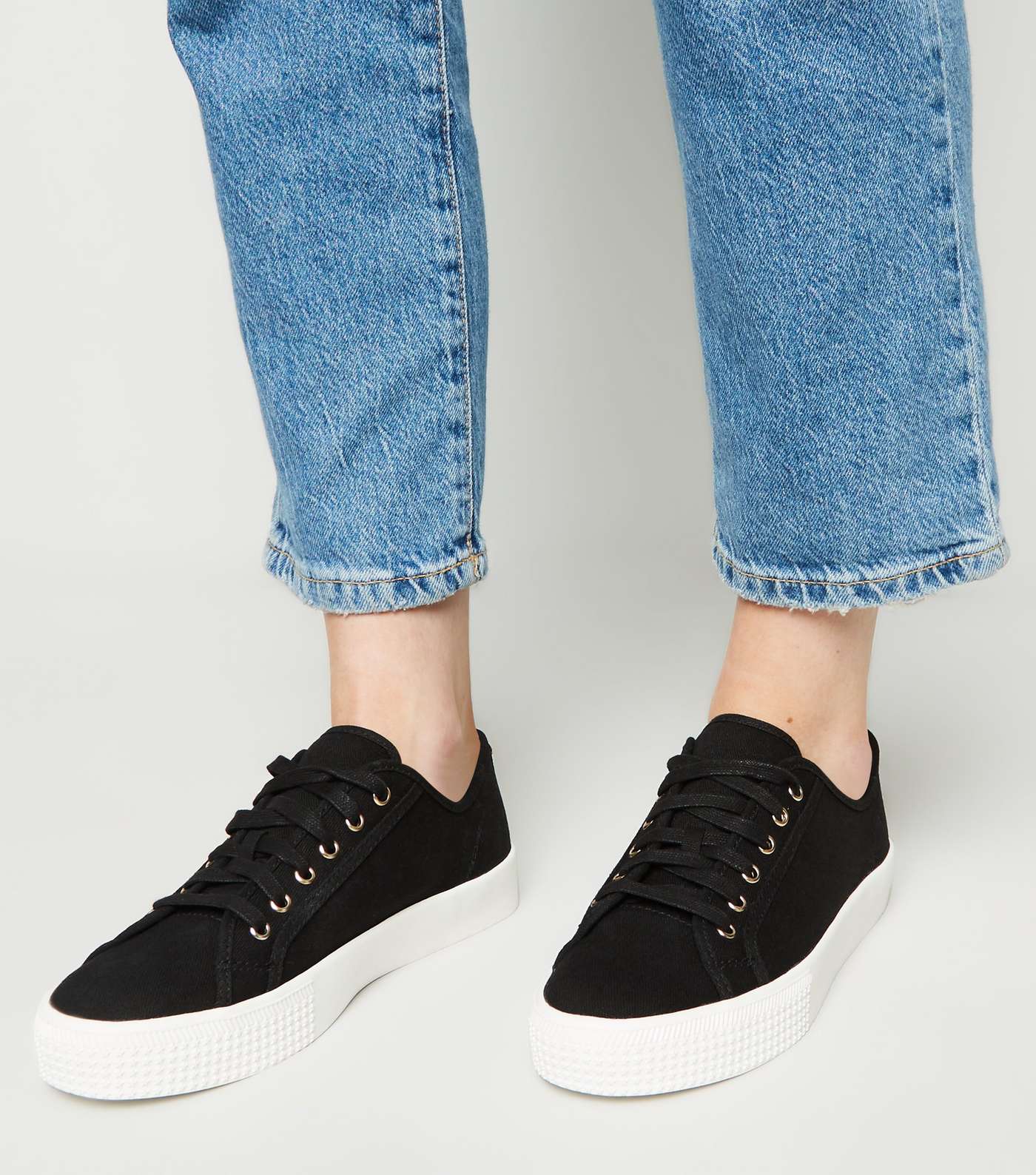 Black Canvas Star Sole Lace Up Trainers Image 2