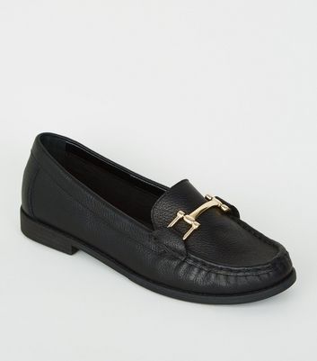 Black Leather Bar Front Loafers | New Look