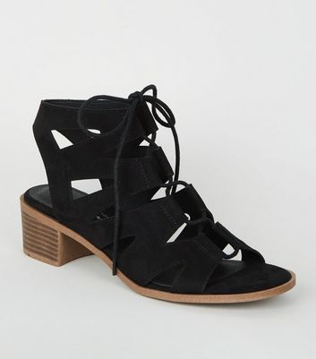 black suedette low block heel ghillie sandals