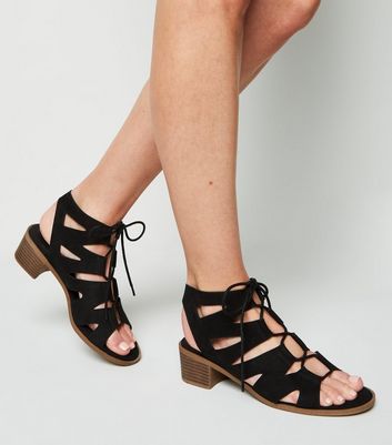 black suedette low block heel ghillie sandals