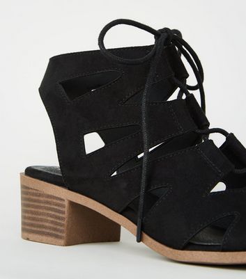 black suedette low block heel ghillie sandals