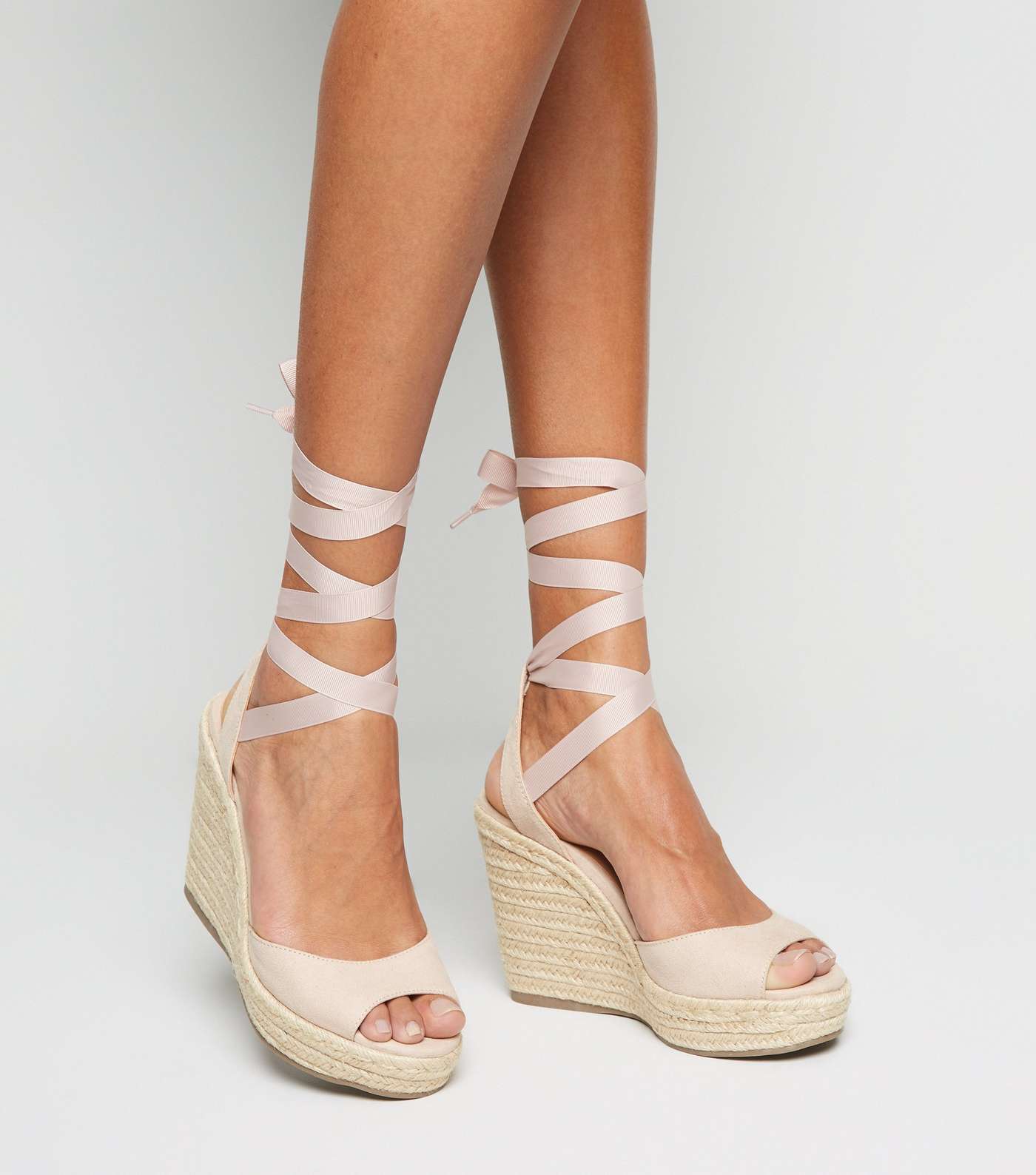 Pale Pink Suedette Ankle Tie Woven Espadrille Wedges Image 2