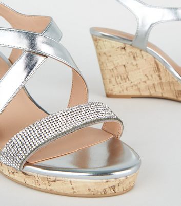 Silver diamante wedge sandals sale