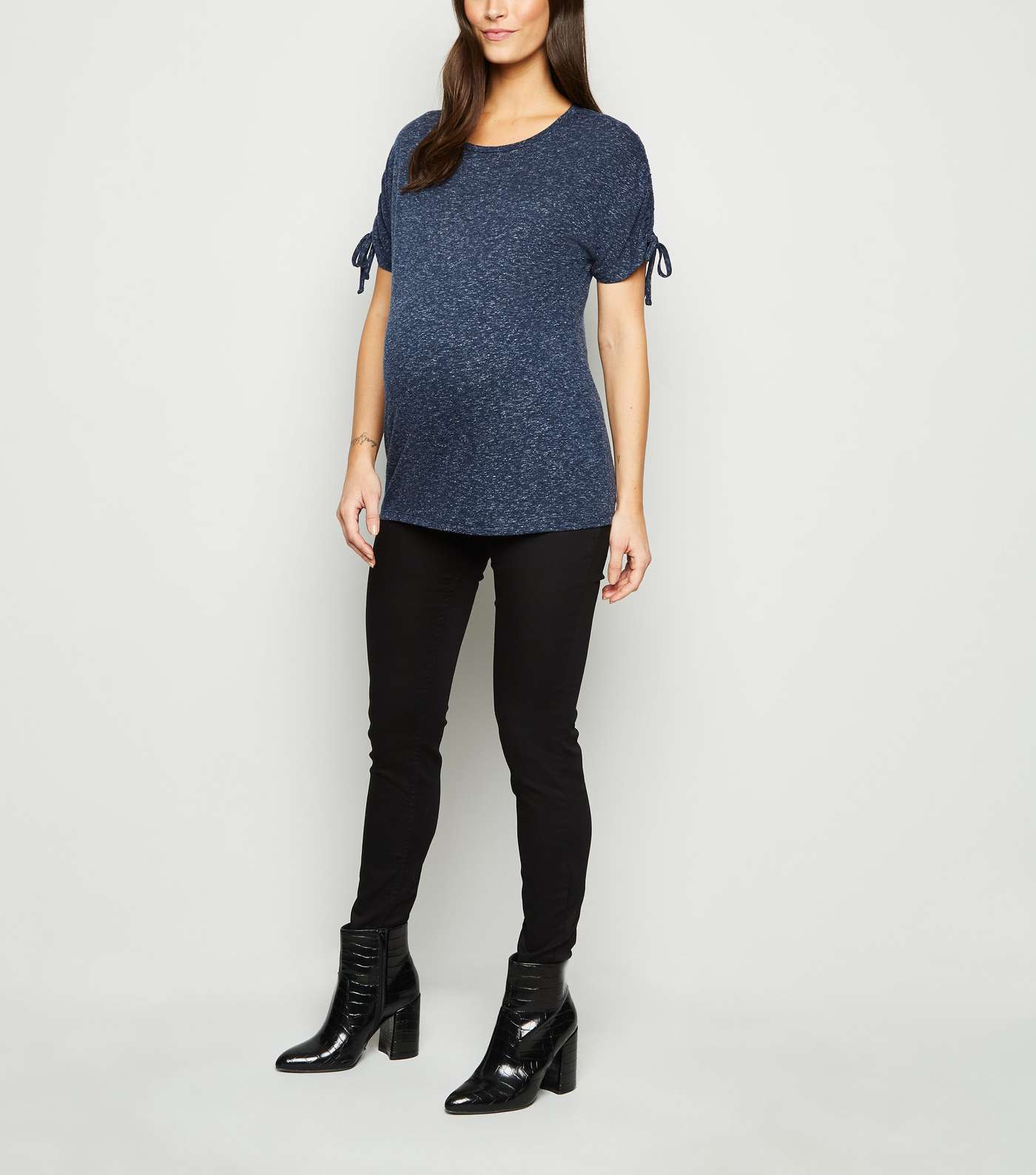 Maternity Navy Ruched Tie Sleeve T-Shirt Image 2